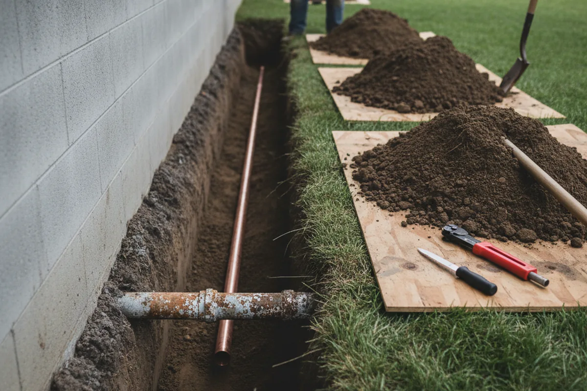 Excavated water line trench during Water Softener Installation in South Sutton